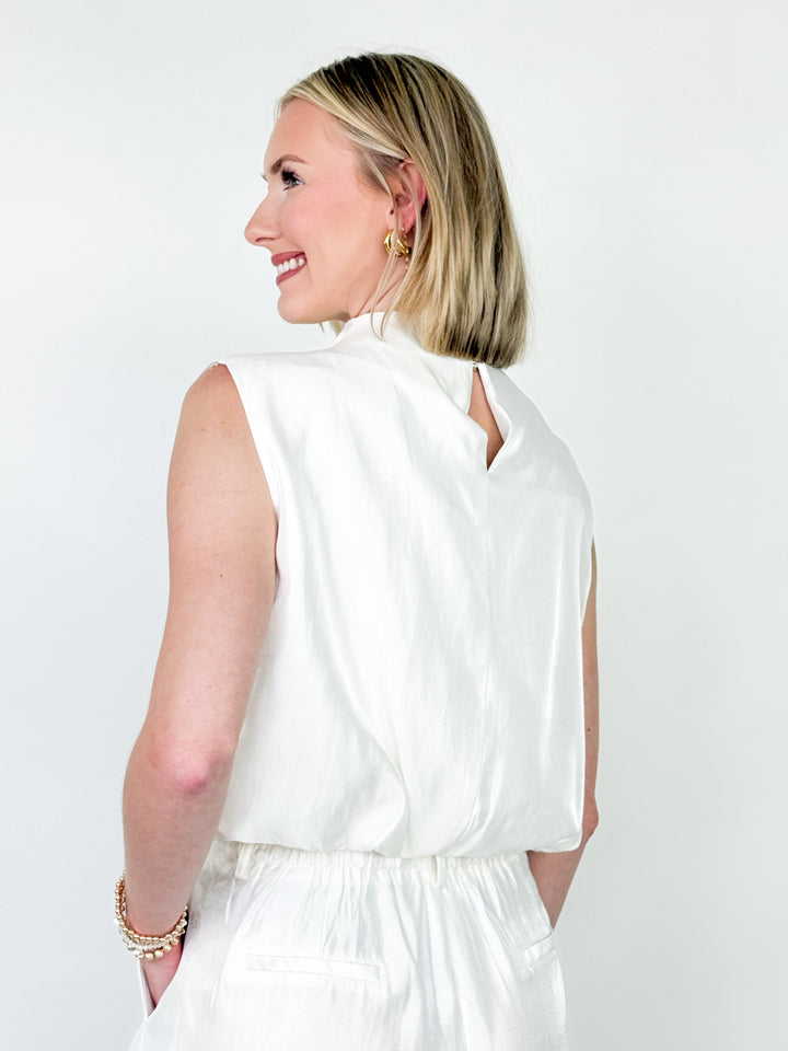 Millie - Mock Neck Bubble Top Short Set (White)