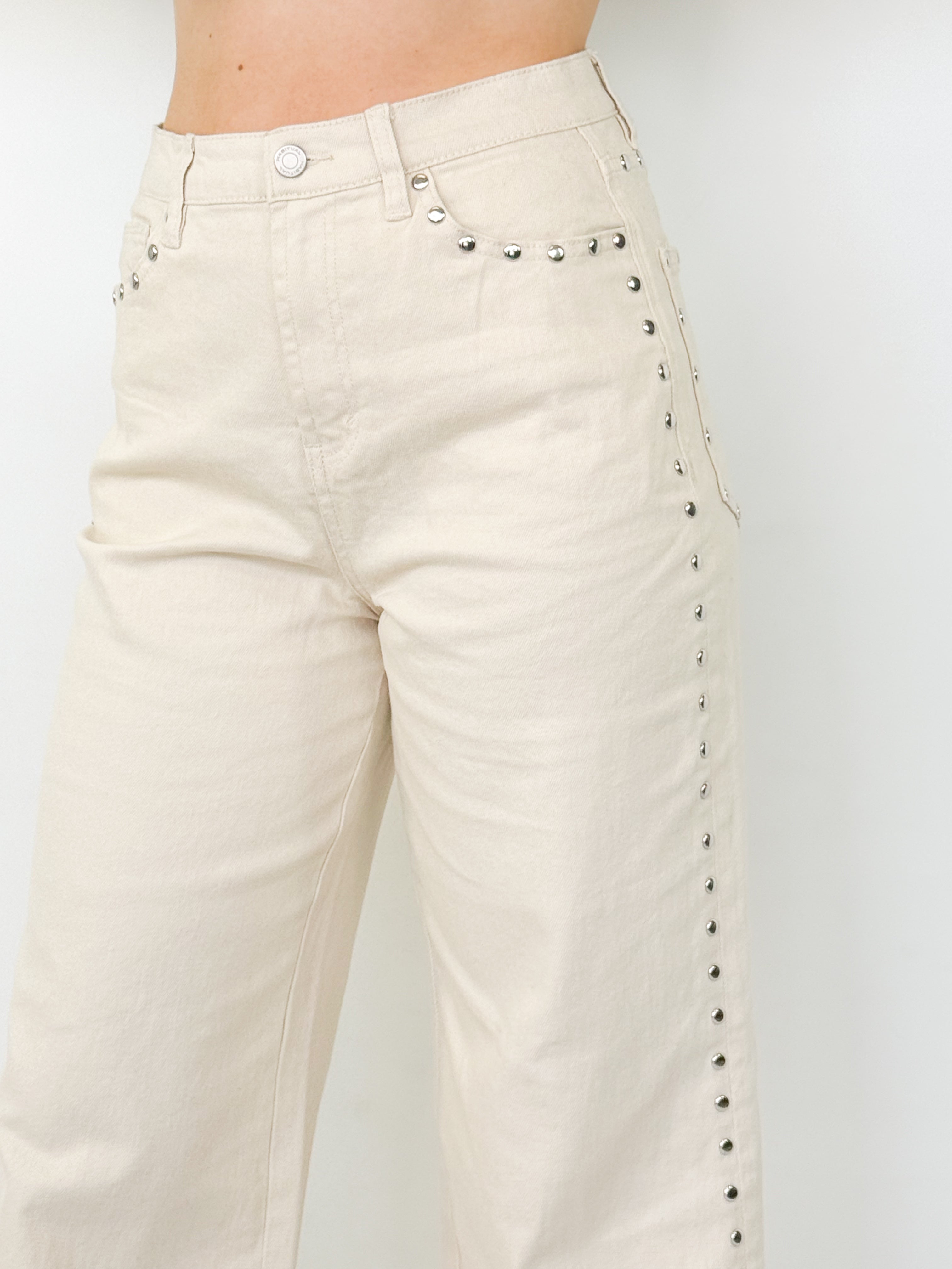 Jessika - Cream Wide Leg Studded Denim