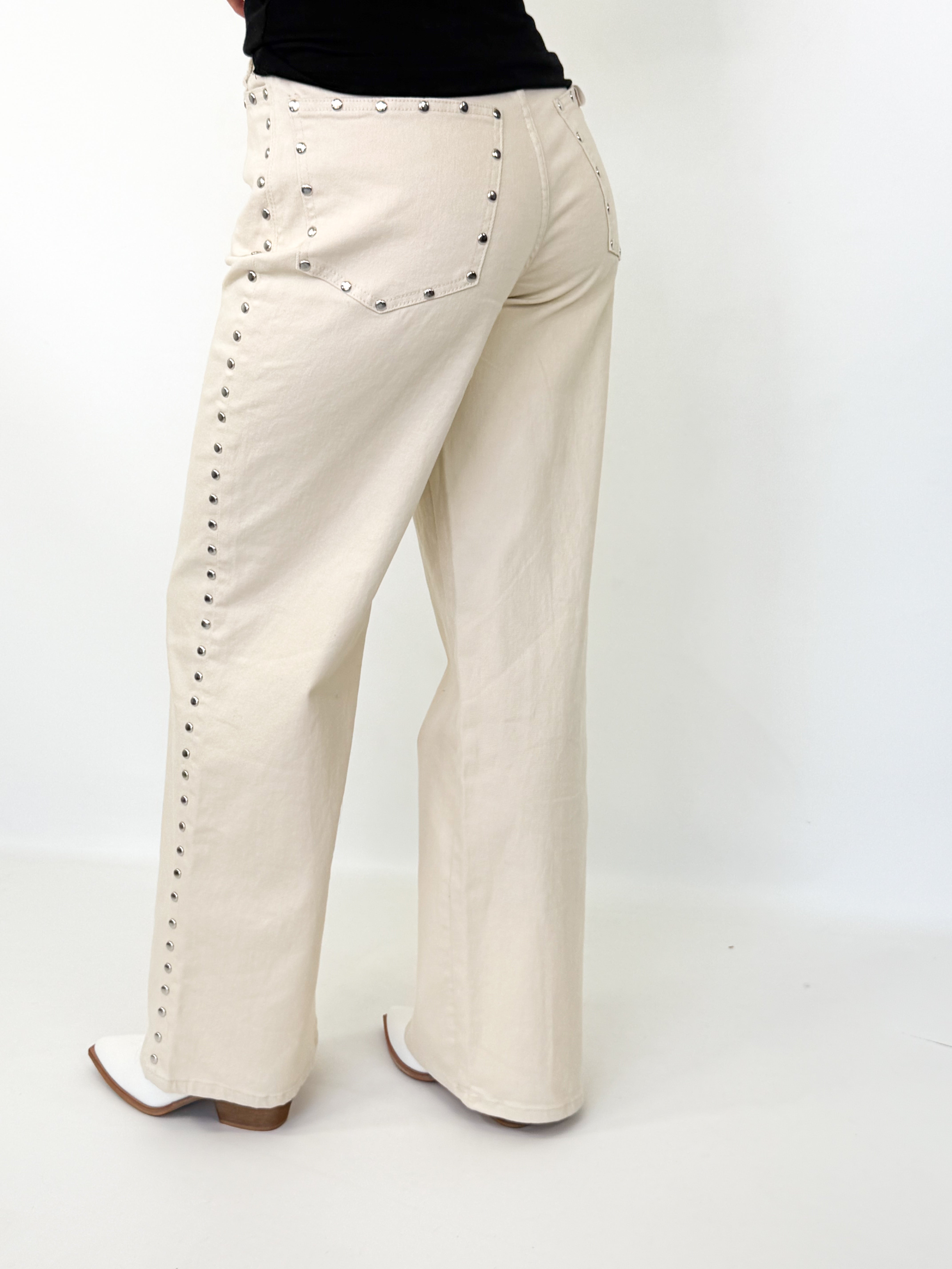 Jessika - Cream Wide Leg Studded Denim