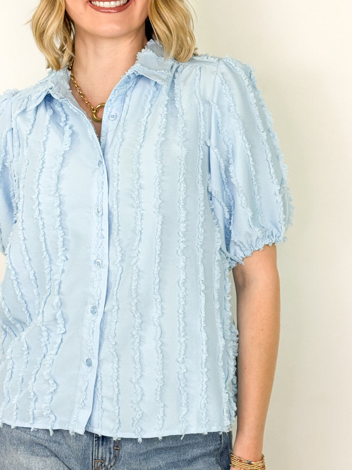 Tia - Blue Textured Striped Top