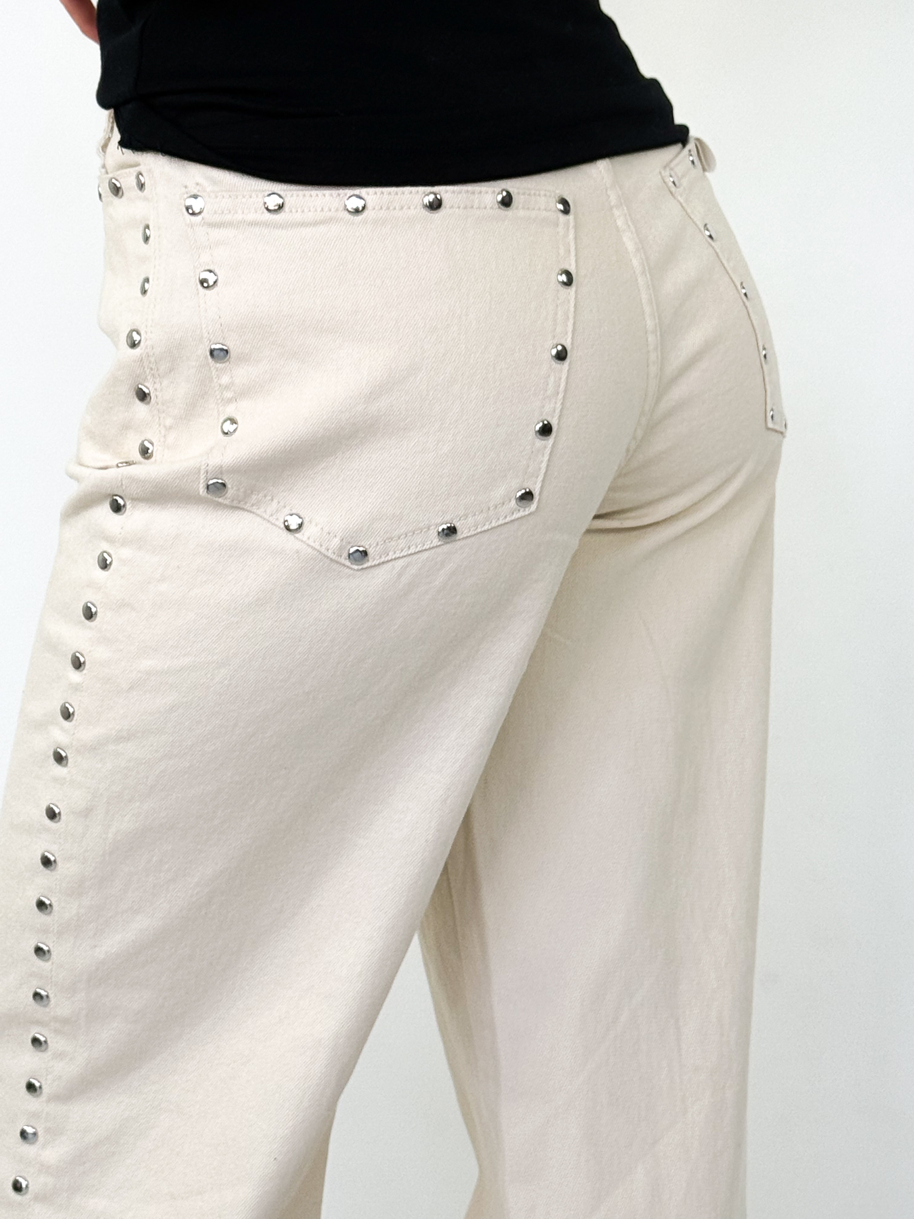 Jessika - Cream Wide Leg Studded Denim