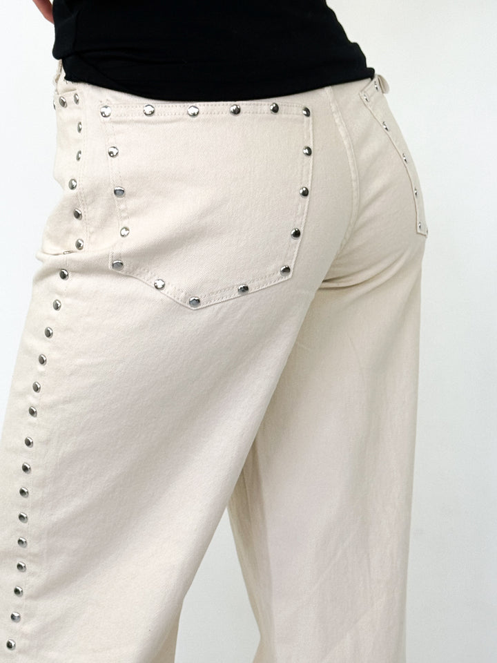 Jessika - Cream Wide Leg Studded Denim