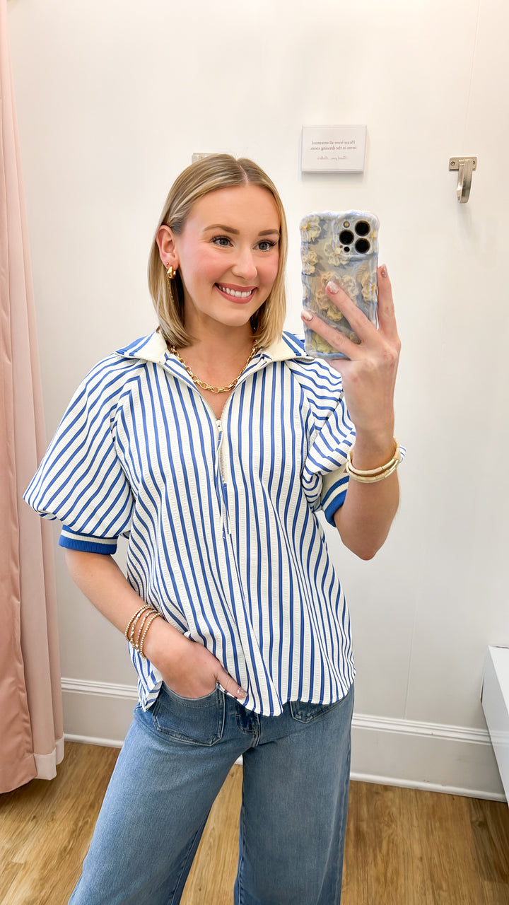 Lindi - Striped Half Zip Top (Blue)