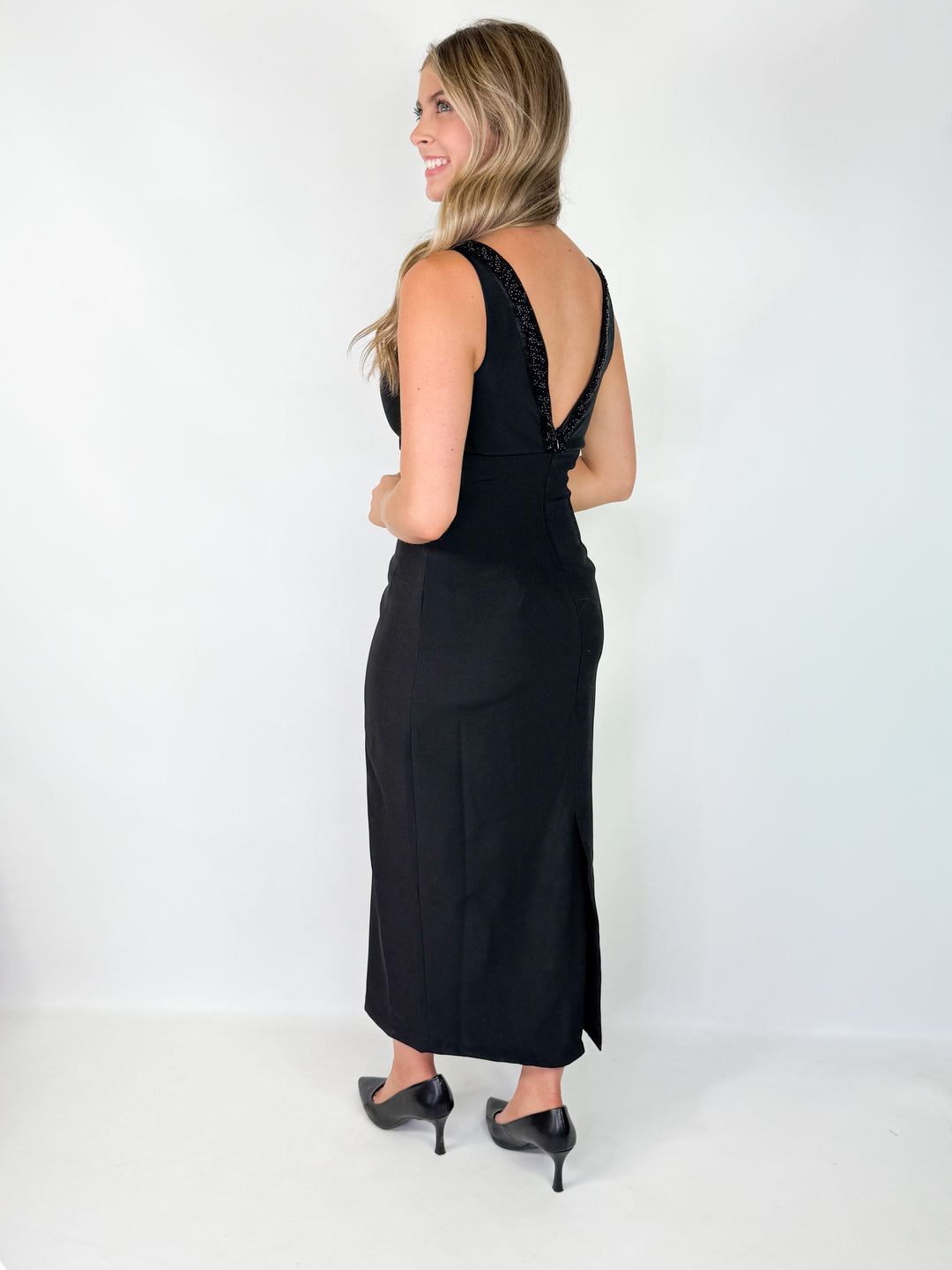 Shirley - Black Beaded Midi Dress
