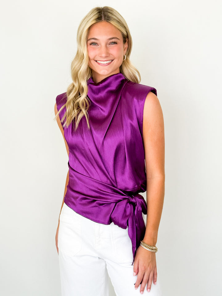 Kelby - Purple Satin Tie Front Blouse