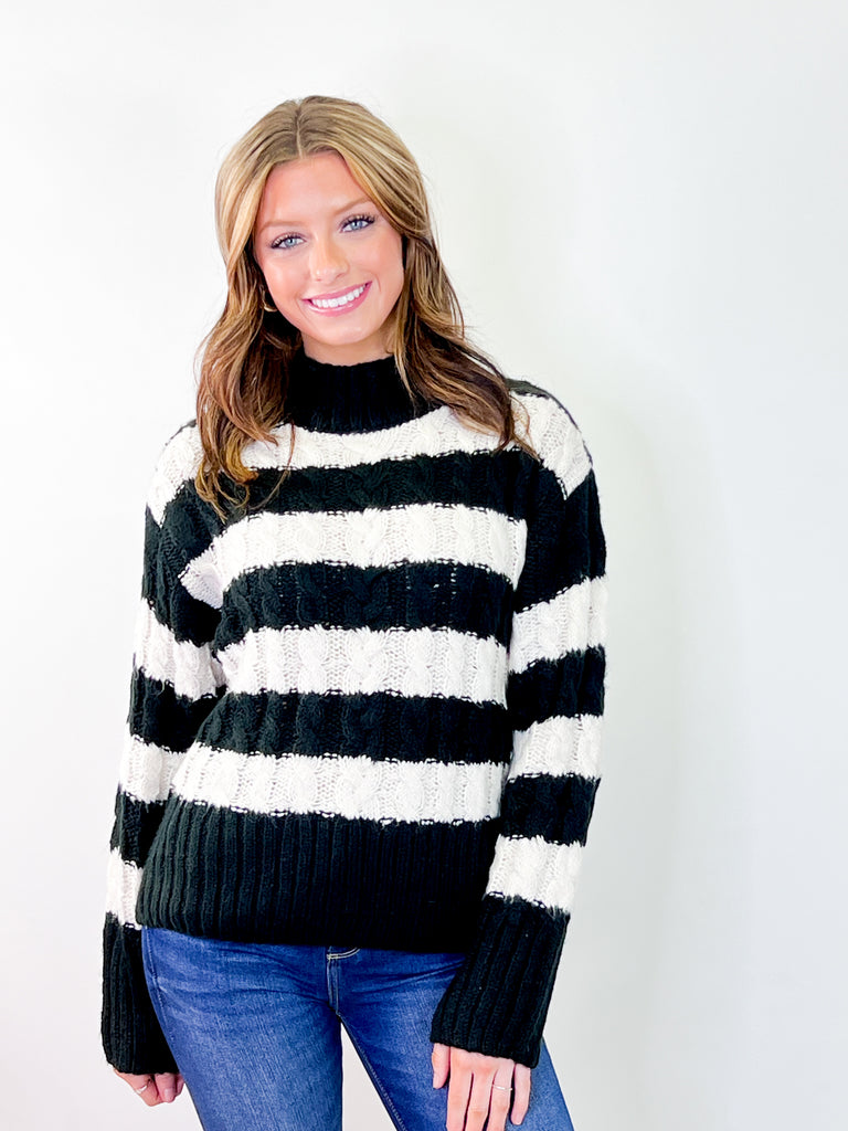 Ashton - Black & White Striped Cable Knit Sweater