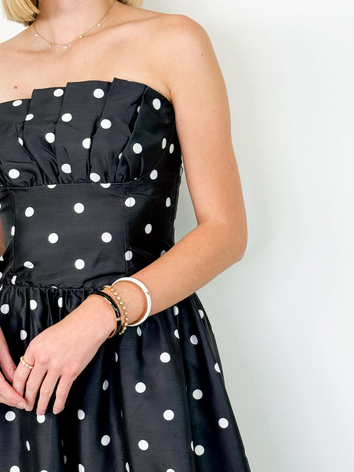 Bridgette - Strapless Polka Dot Midi Dress