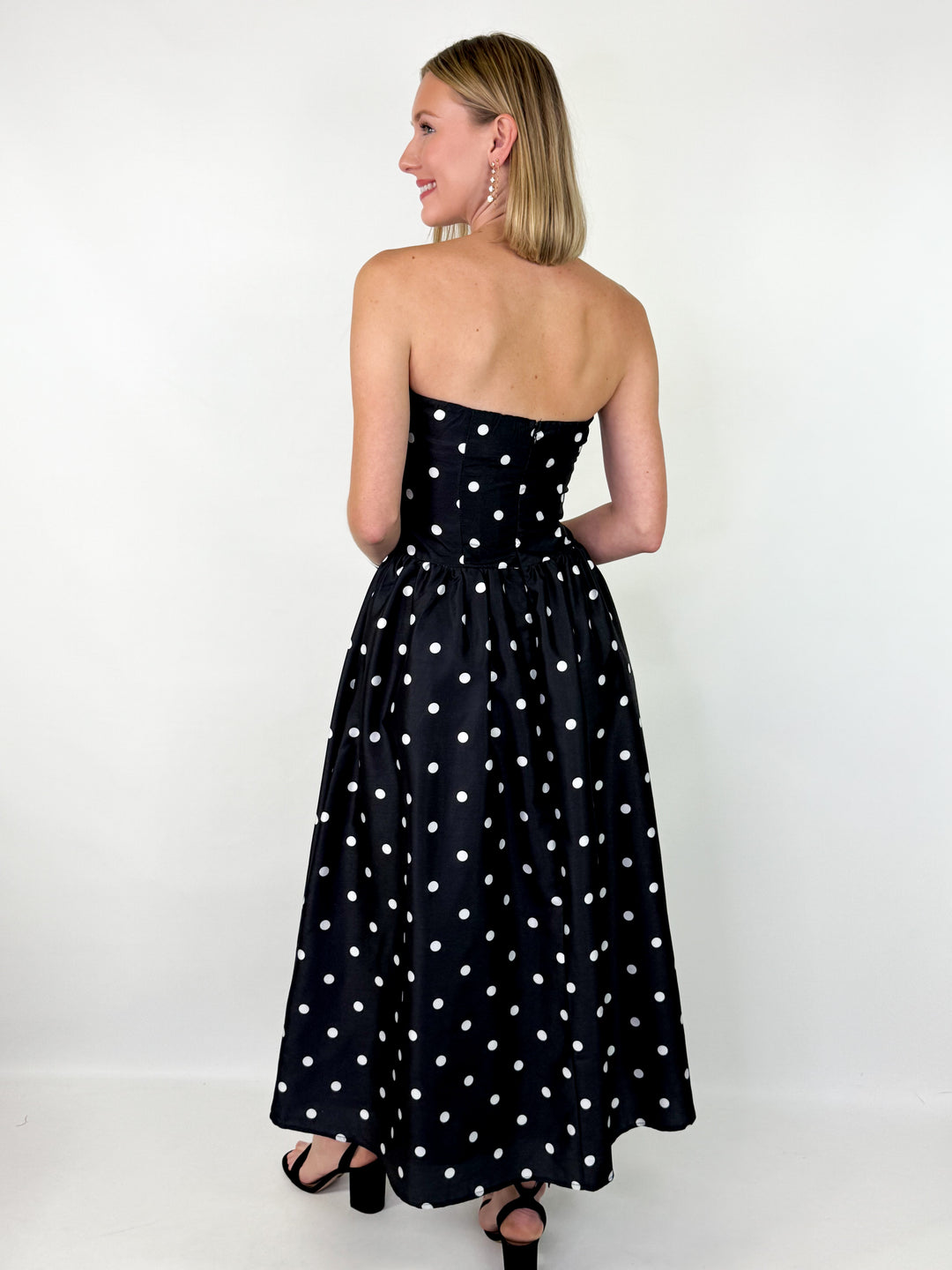 Bridgette - Strapless Polka Dot Midi Dress