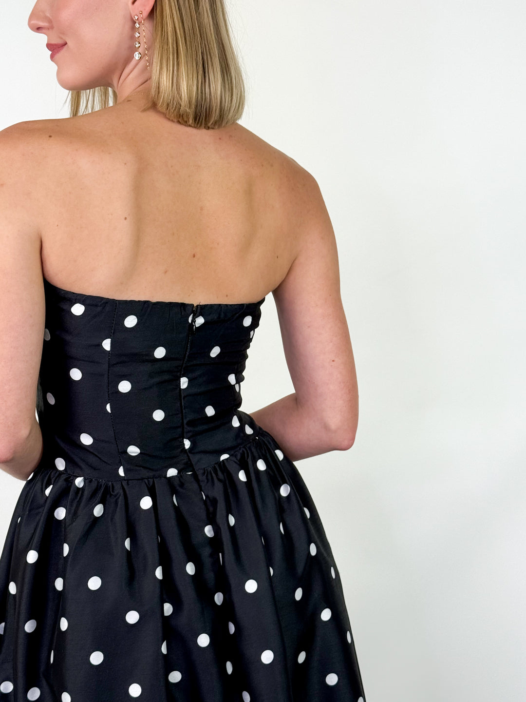 Bridgette - Strapless Polka Dot Midi Dress