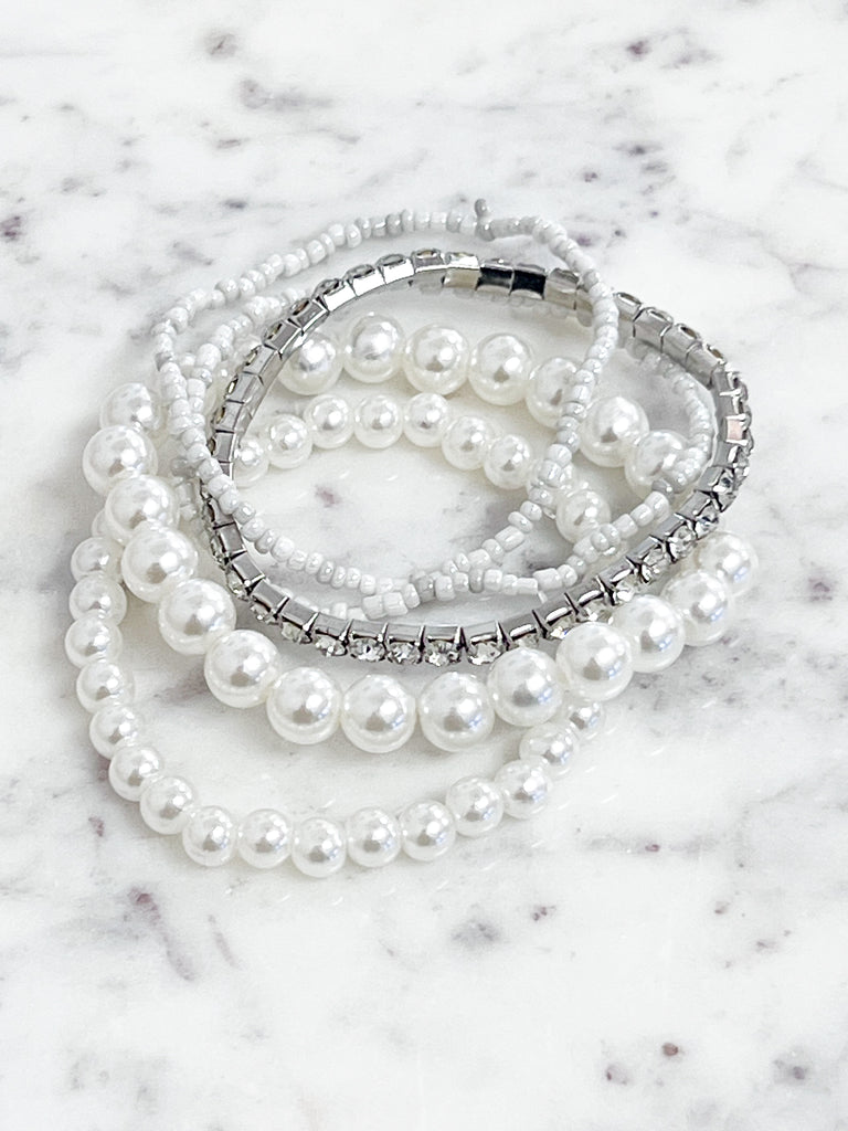 Mandi - Pearl & Rhinestone Set of 5 Bracelets (Silver)