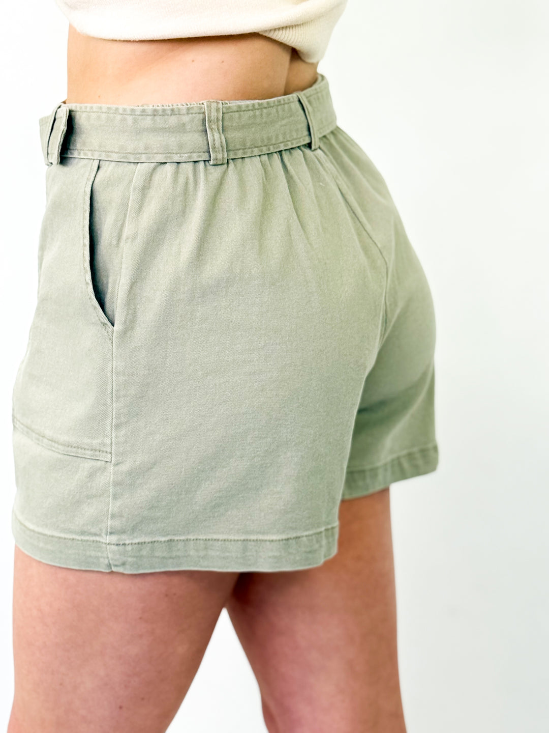 Kaitlyn - Light Olive Belted Shorts