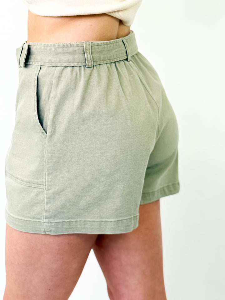Kaitlyn - Light Olive Belted Shorts