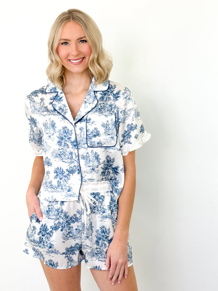 Louise - Blue Toile Satin Pajama Short Set