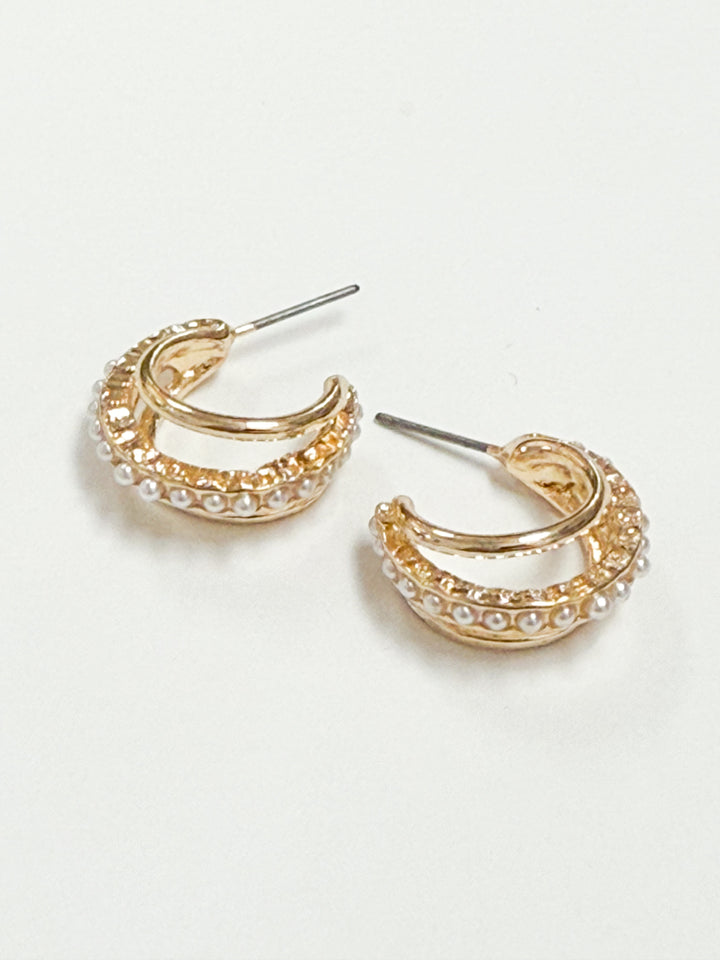 Kathy - Gold Triple Layered Pearl Hoop Earrings