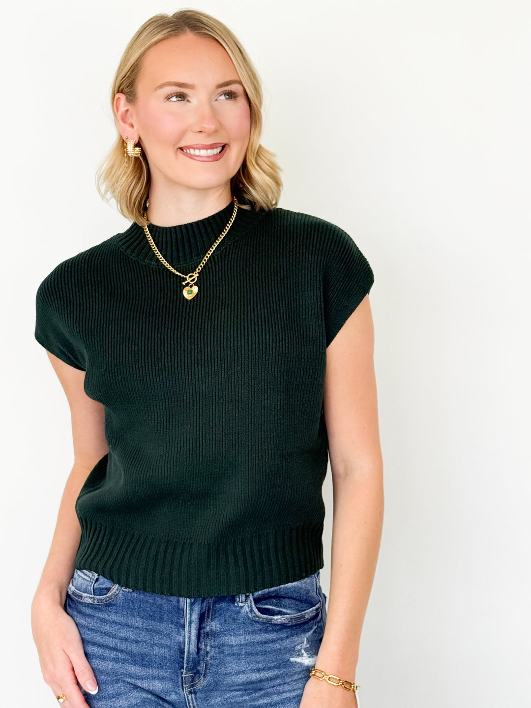 Sandi - Mock Neck Cap Sleeve Knit Sweater (Forest Green)
