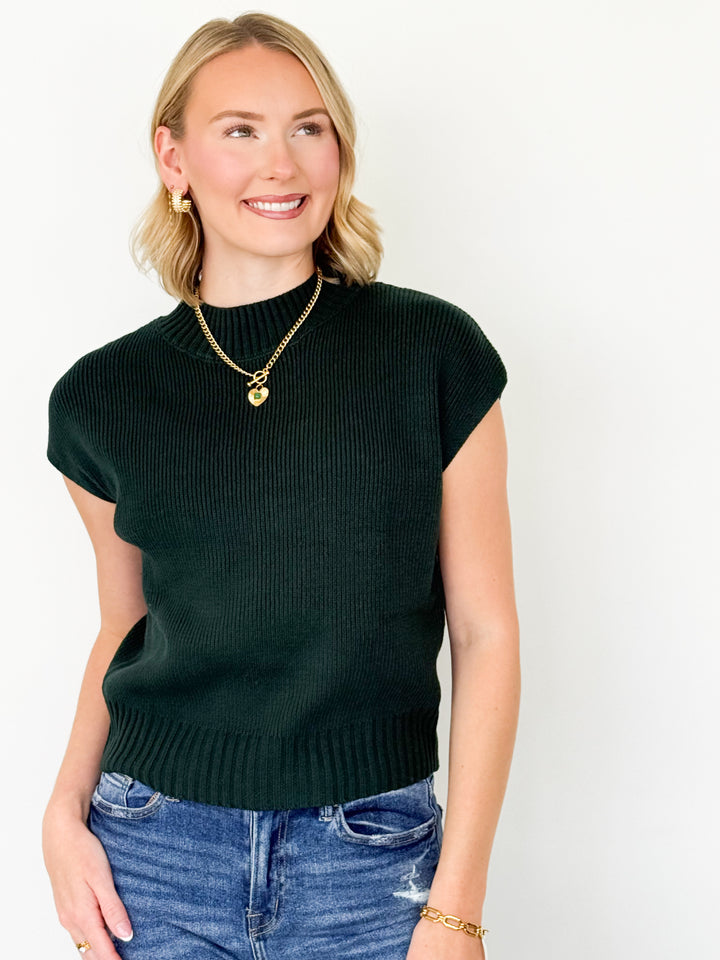 Sandi - Mock Neck Cap Sleeve Knit Sweater (Forest Green)