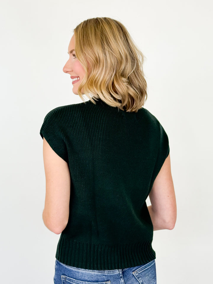 Sandi - Mock Neck Cap Sleeve Knit Sweater (Forest Green)