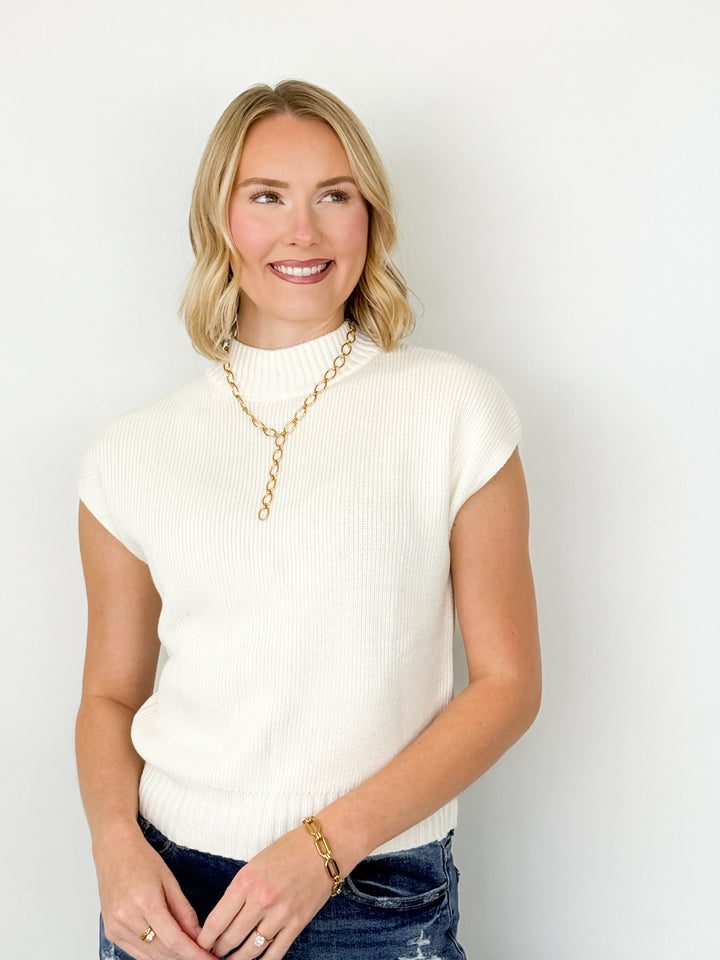 Sandi - Mock Neck Cap Sleeve Knit Sweater (Cream)