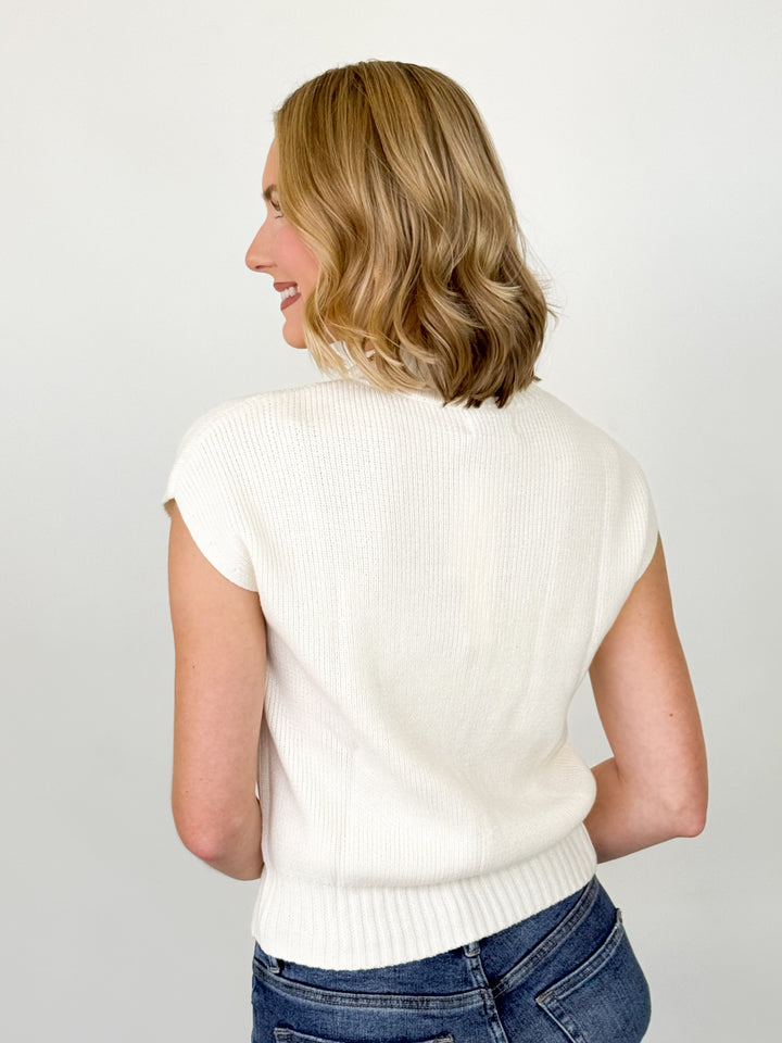 Sandi - Mock Neck Cap Sleeve Knit Sweater (Cream)