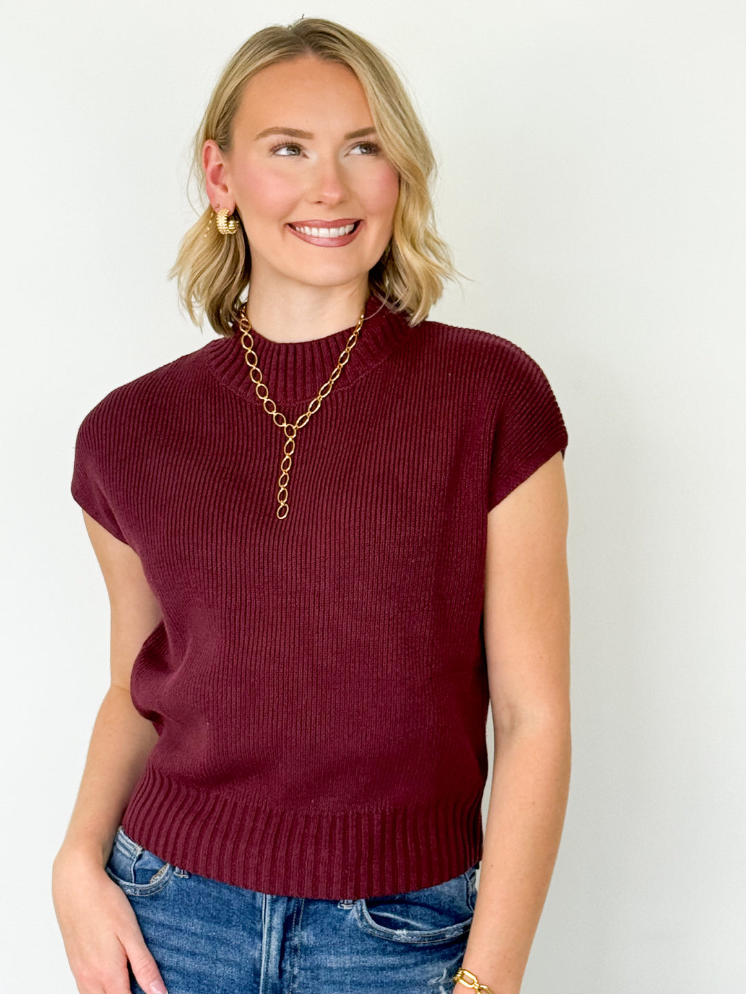 Sandi - Mock Neck Cap Sleeve Knit Sweater (Maroon)