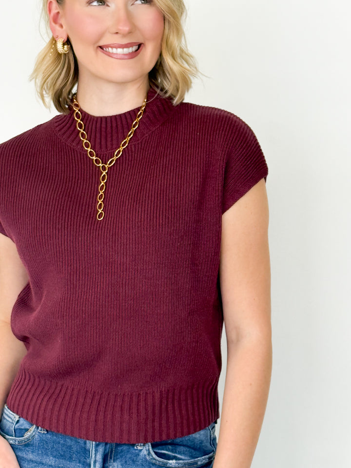 Sandi - Mock Neck Cap Sleeve Knit Sweater (Maroon)