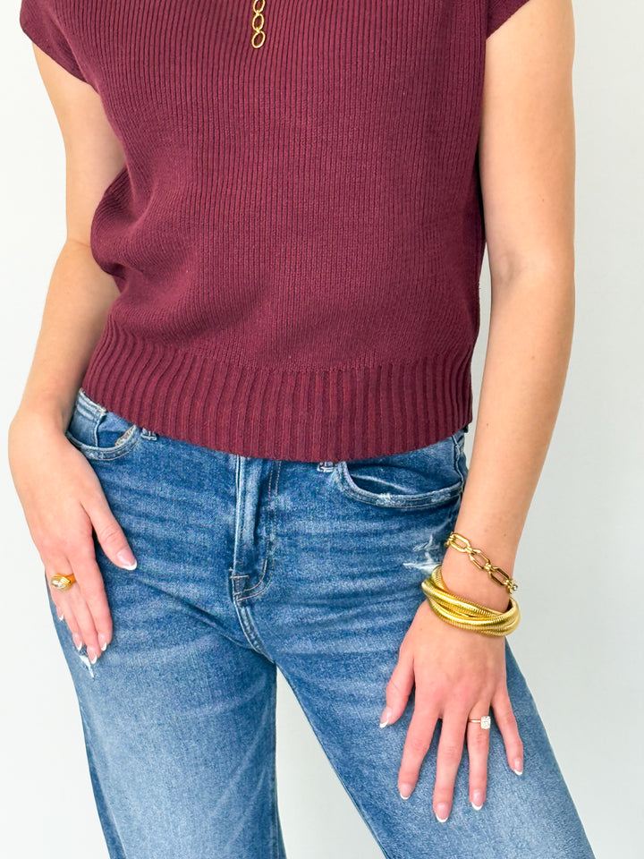 Sandi - Mock Neck Cap Sleeve Knit Sweater (Maroon)