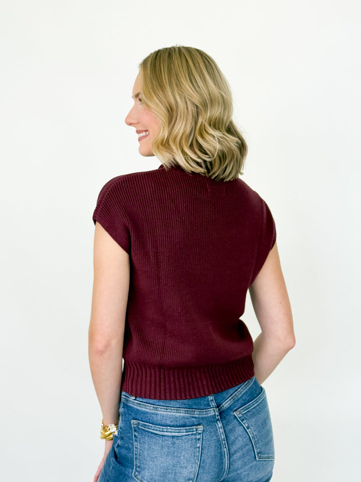 Sandi - Mock Neck Cap Sleeve Knit Sweater (Maroon)