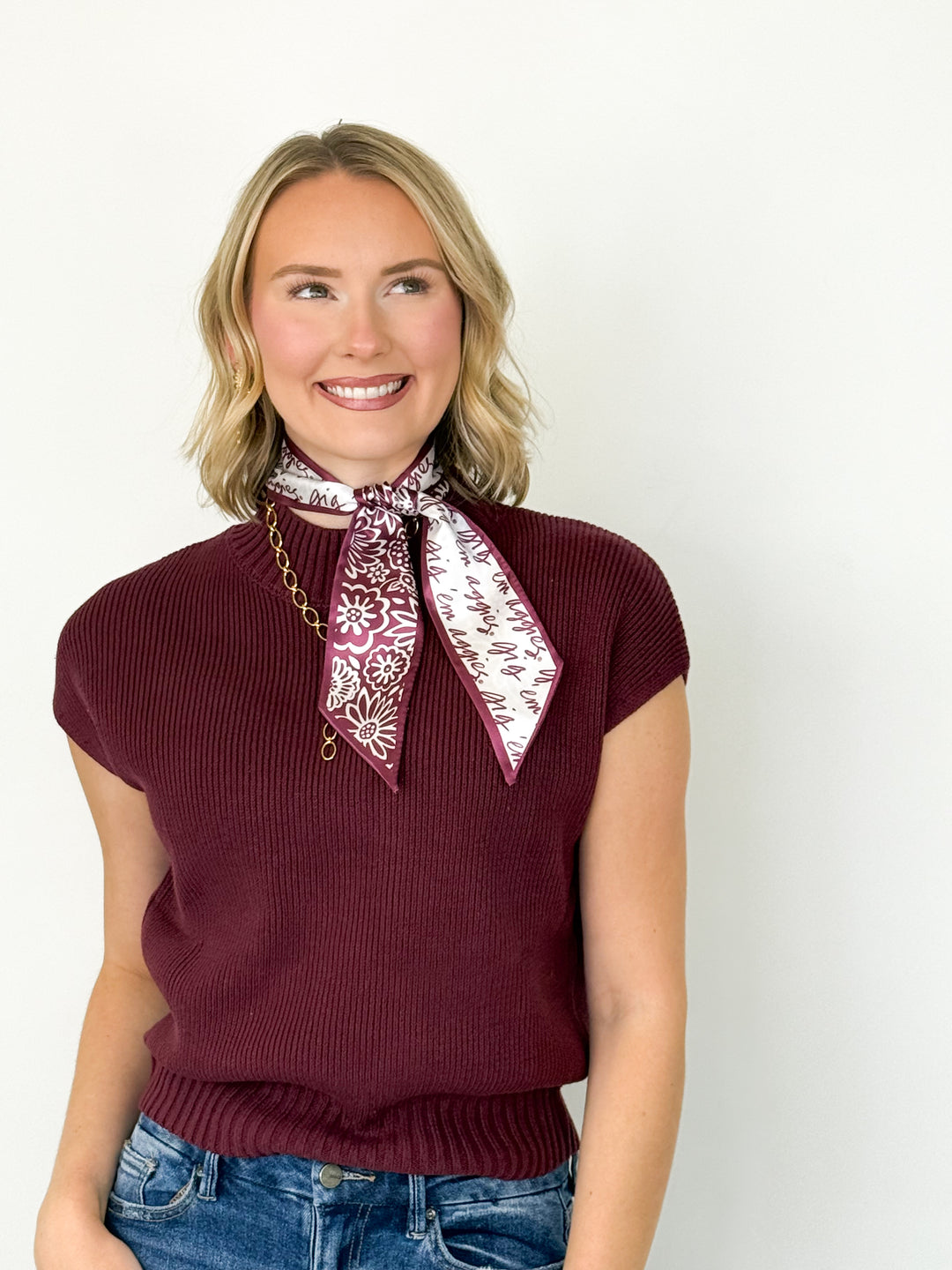 Sandi - Mock Neck Cap Sleeve Knit Sweater (Maroon)