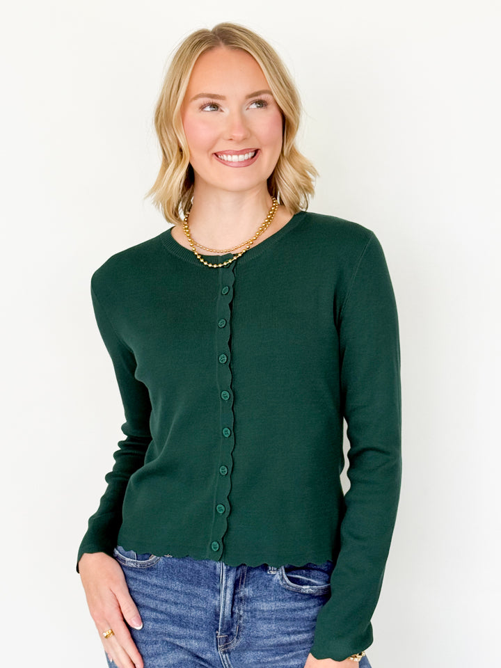 Livi - Scalloped Button Down Cardigan (Hunter Green)