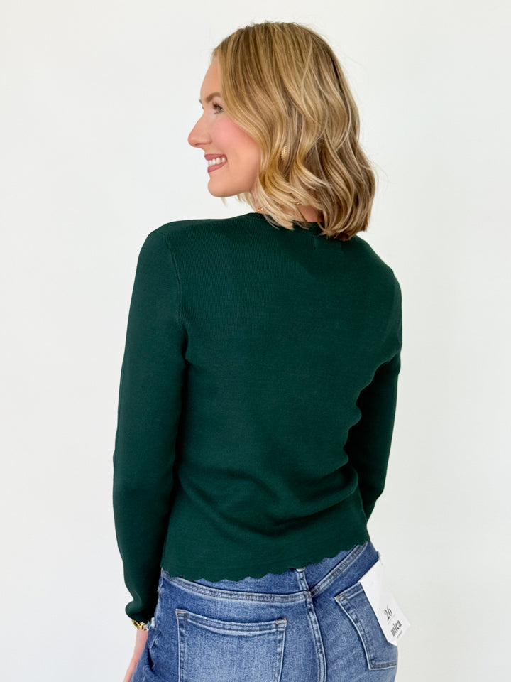 Livi - Scalloped Button Down Cardigan (Hunter Green)