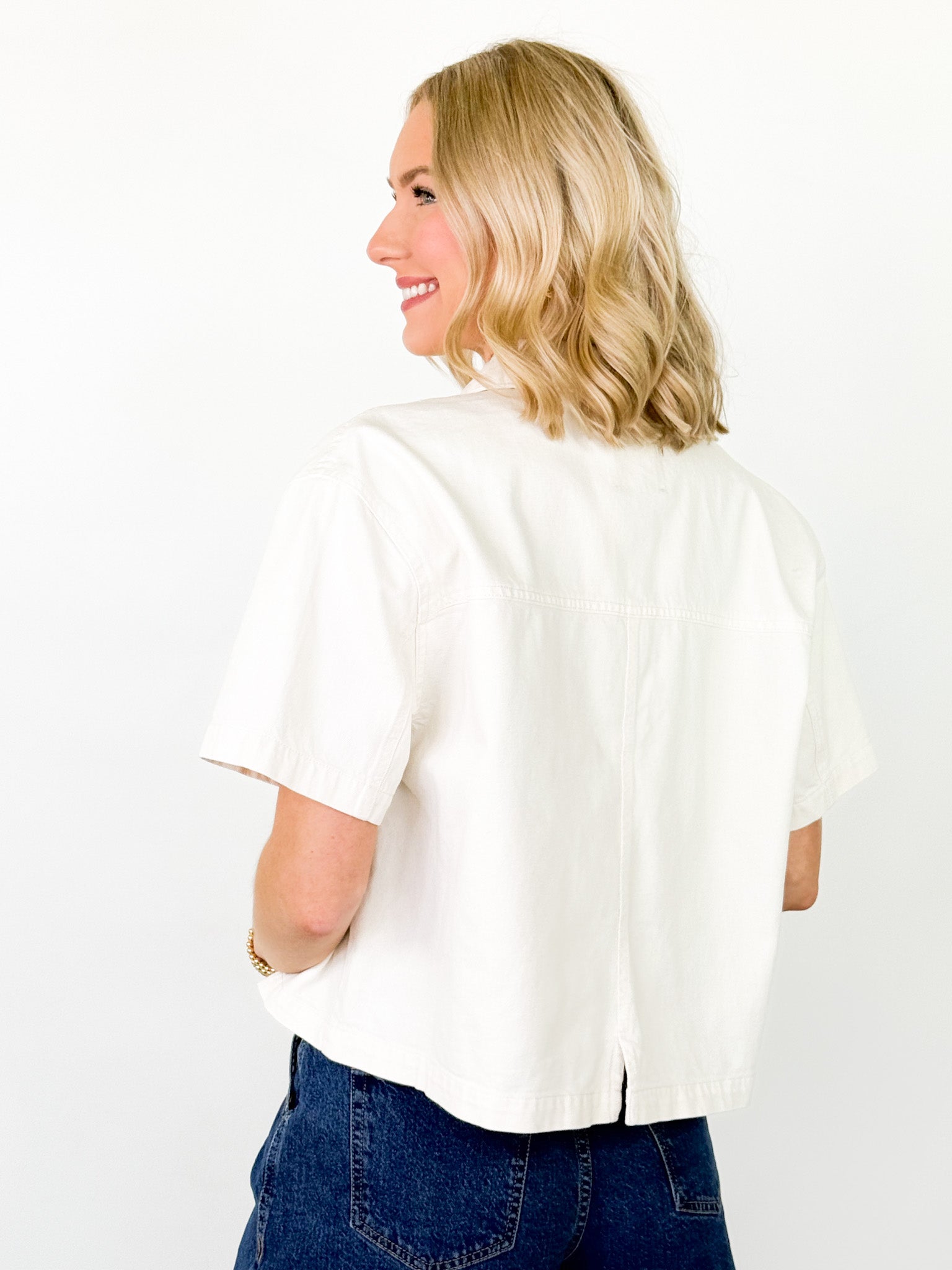 Mia - Cream Denim Short Sleeve Top