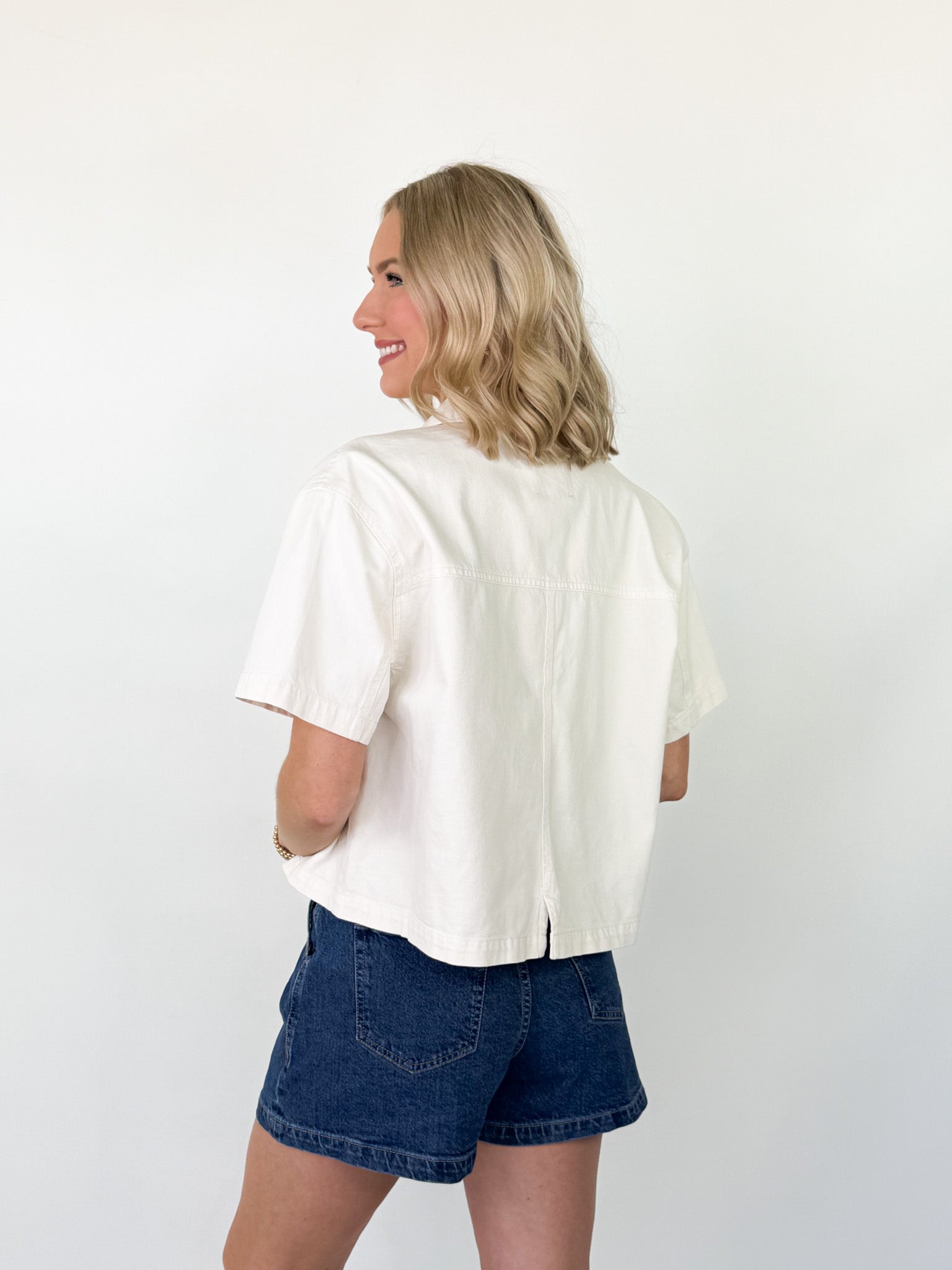 Mia - Cream Denim Short Sleeve Top