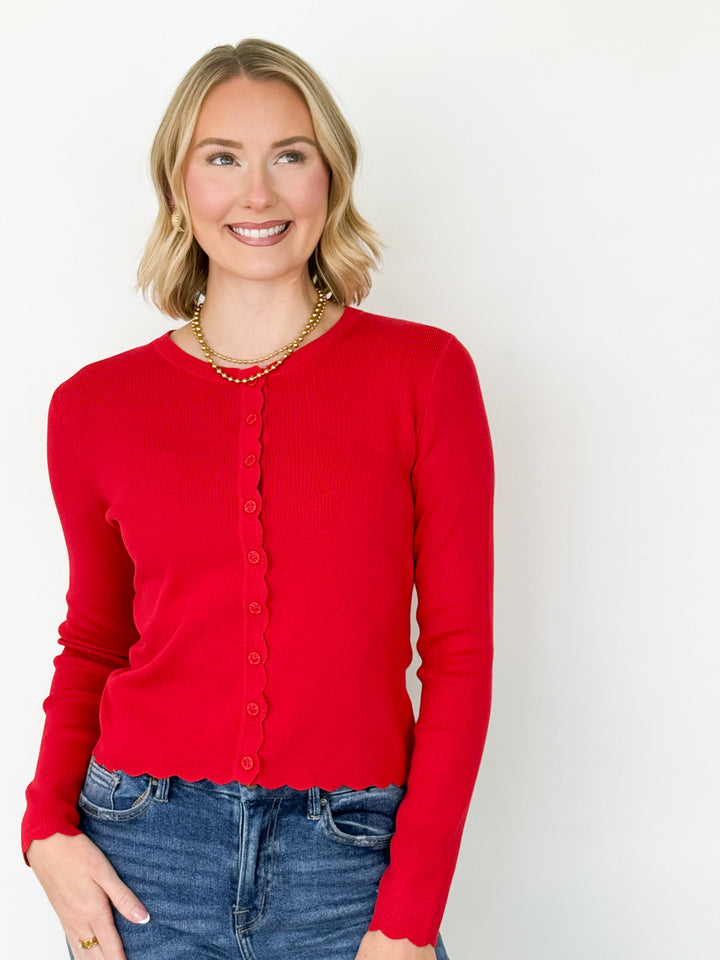 Livi - Scalloped Button Down Cardigan (Red)