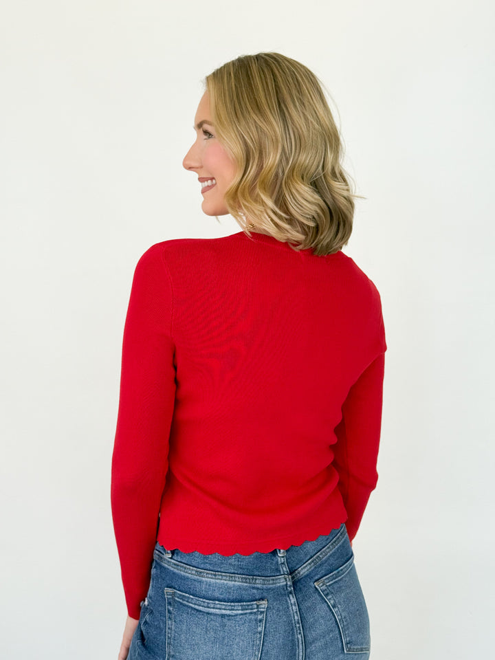 Livi - Scalloped Button Down Cardigan (Red)