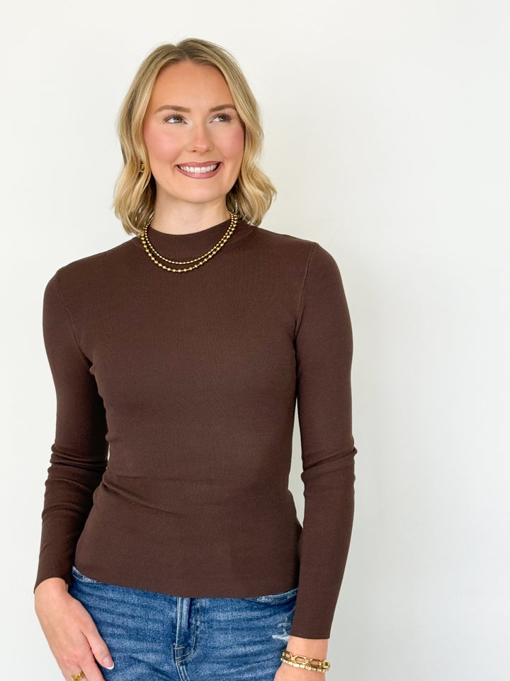 Mindi - Mock Neck Long Sleeve Top (Brown)