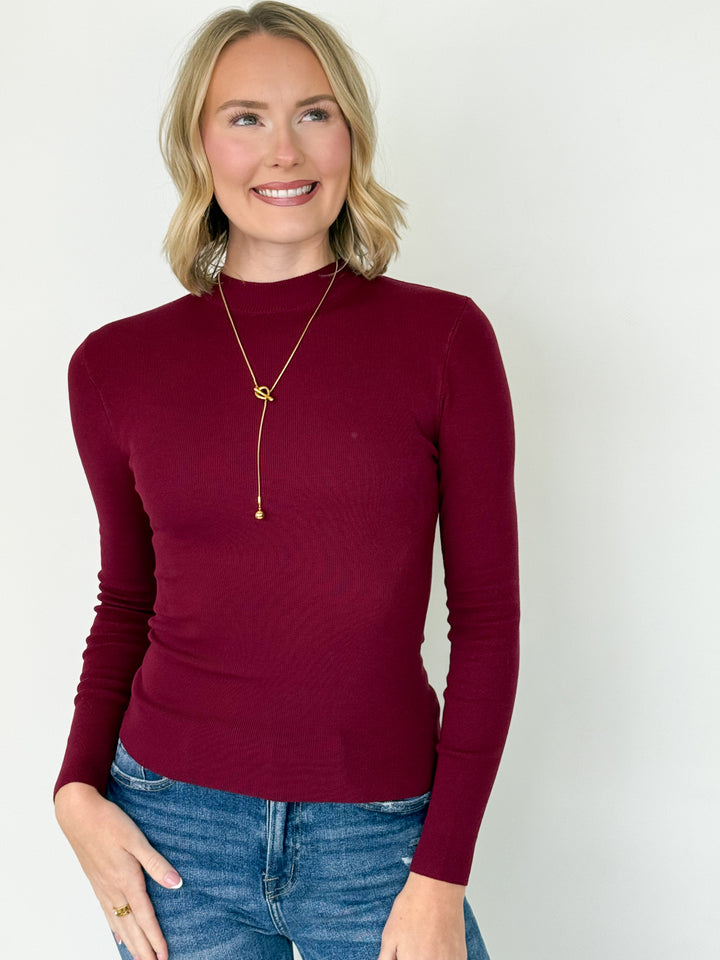 Mindi - Mock Neck Long Sleeve Top (Maroon)