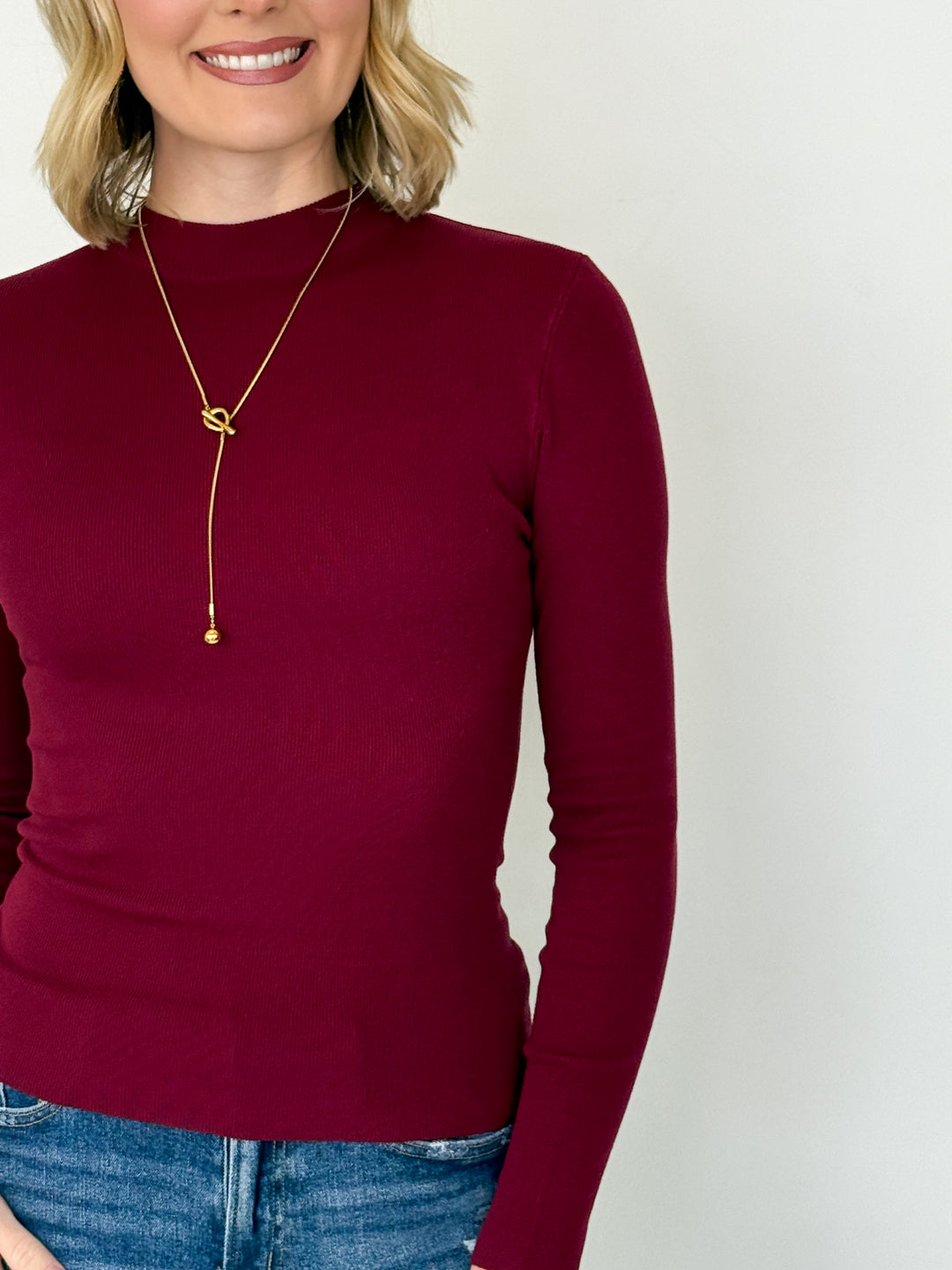 Mindi - Mock Neck Long Sleeve Top (Maroon)