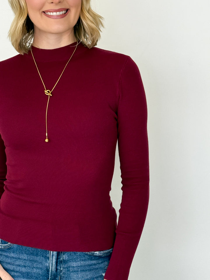 Mindi - Mock Neck Long Sleeve Top (Maroon)