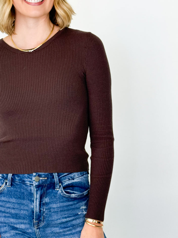 Mattie - Ribbed Long Sleeve Top (Brown)