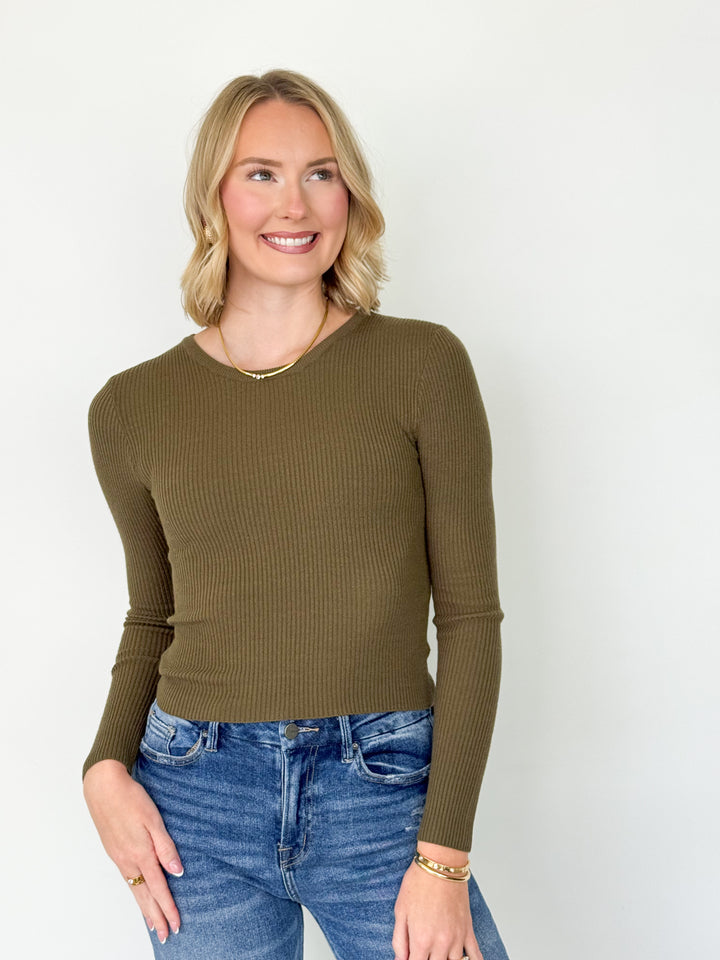 Mattie - Ribbed Long Sleeve Top (Olive)
