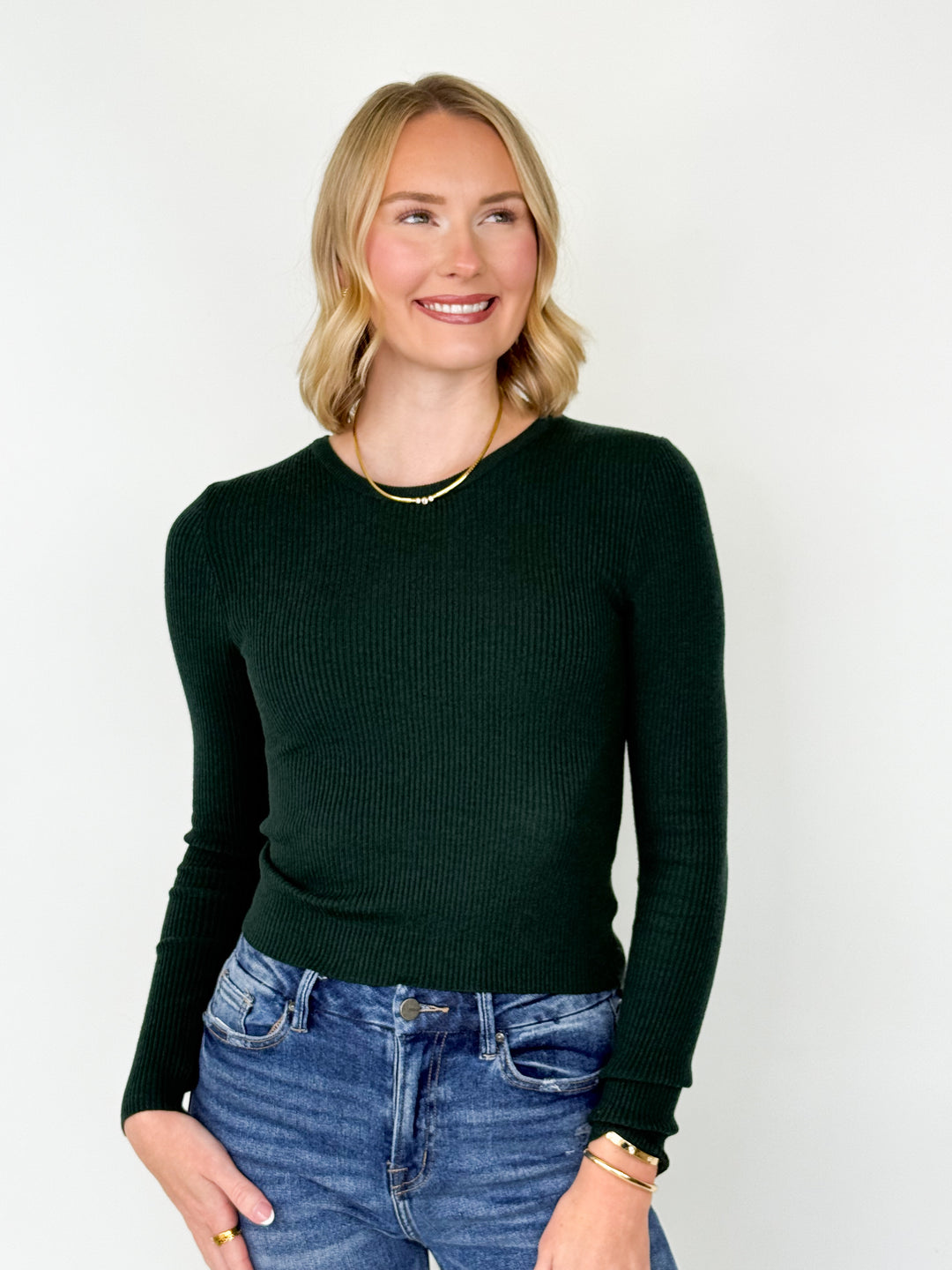 Mattie - Ribbed Long Sleeve Top (Hunter Green)