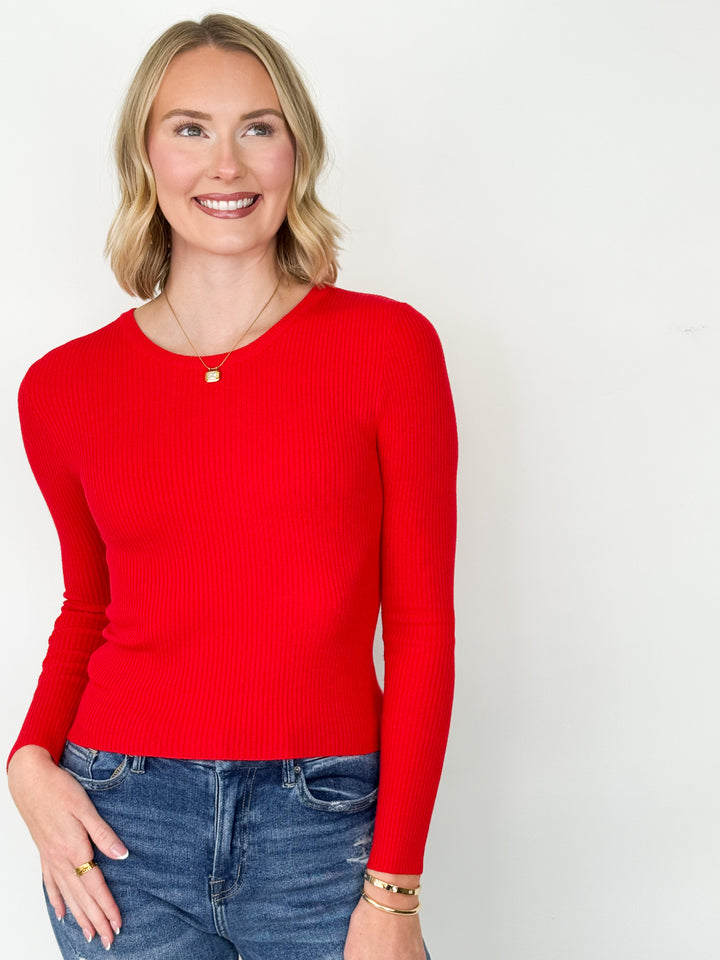 Mattie - Ribbed Long Sleeve Top (Red)