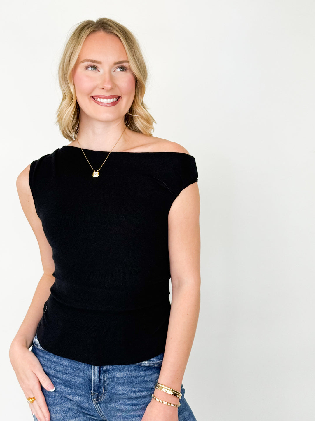 Lori - Asymetrical Neck Fitted Knit Top (Black)