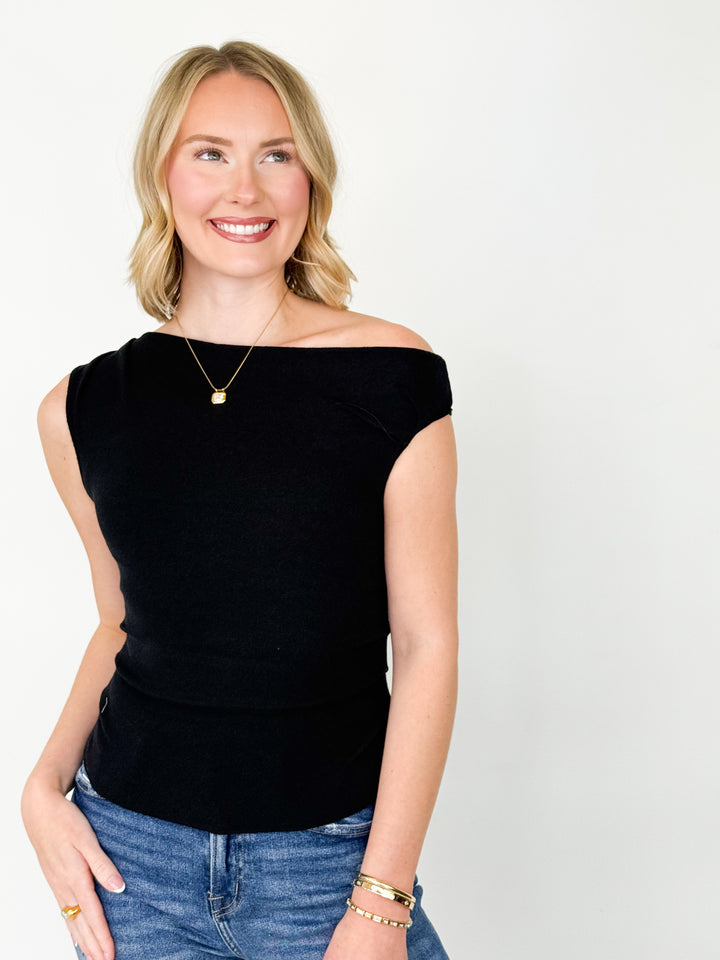 Lori - Asymetrical Neck Fitted Knit Top (Black)