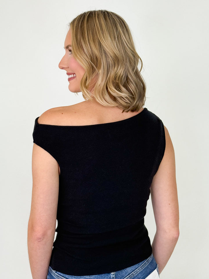 Lori - Asymetrical Neck Fitted Knit Top (Black)