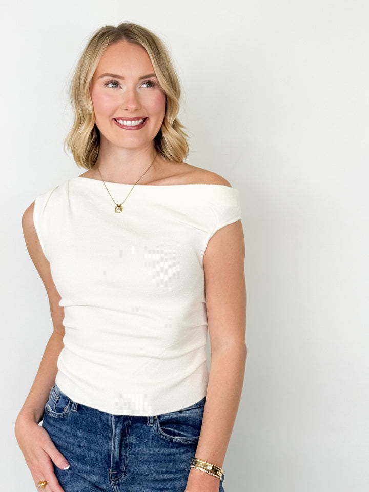 Lori - Asymetrical Neck Fitted Knit Top (Ivory)