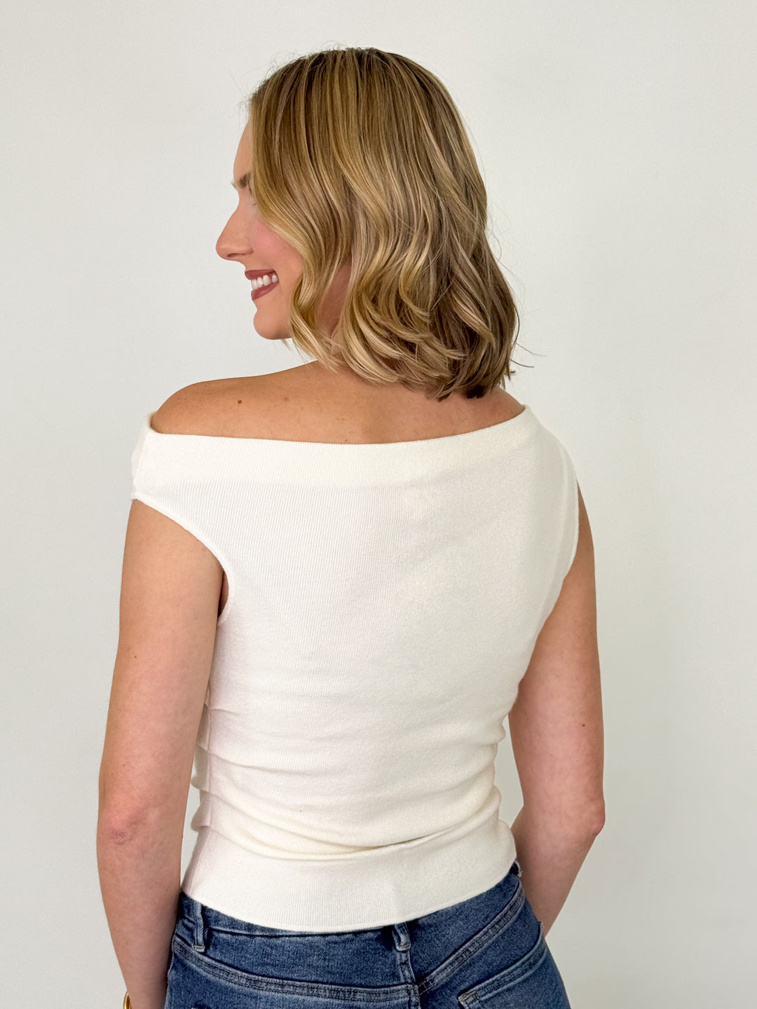 Lori - Asymetrical Neck Fitted Knit Top (Ivory)