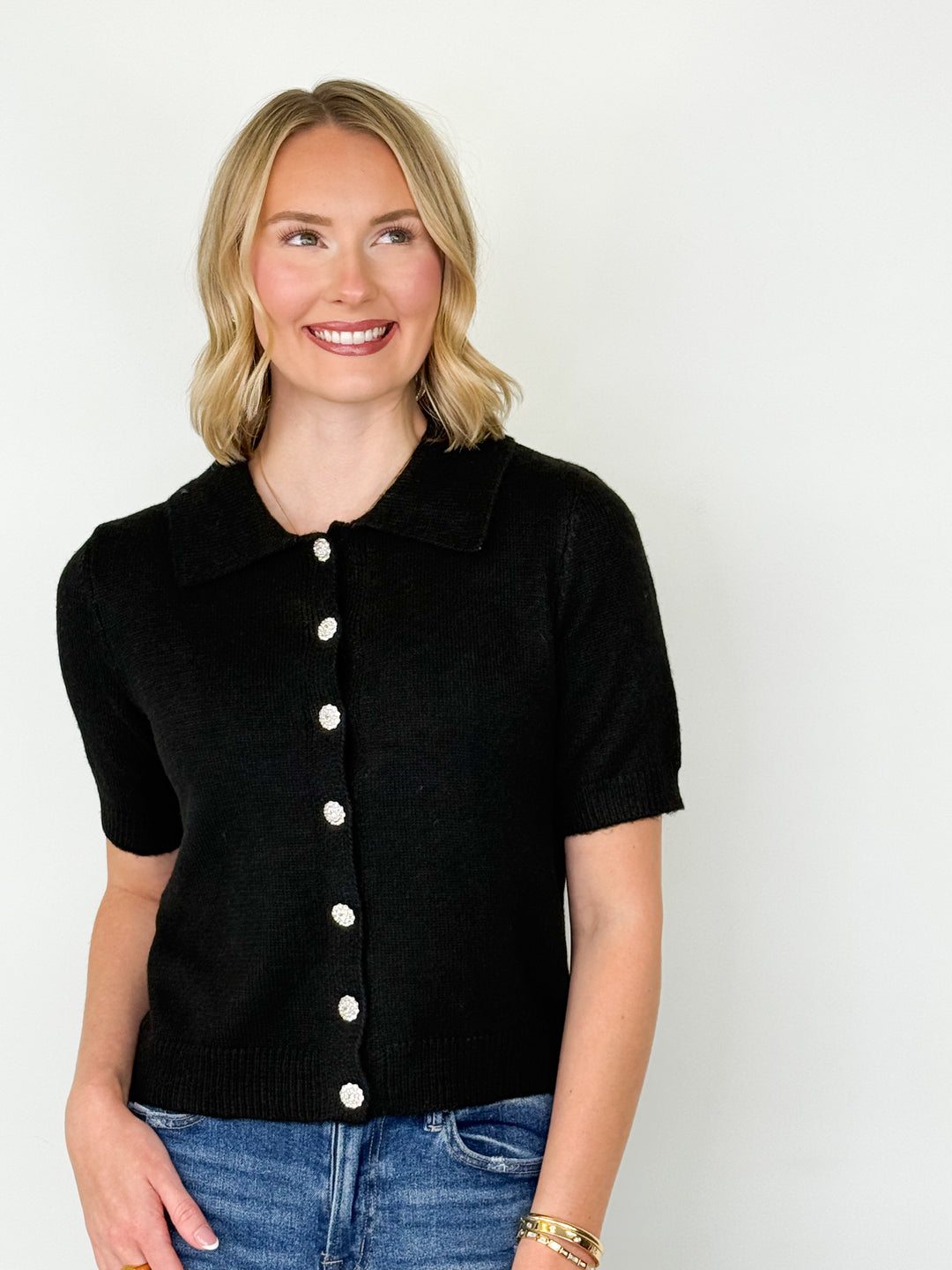 Peyton - Rhinestone Button Cardigan (Black)