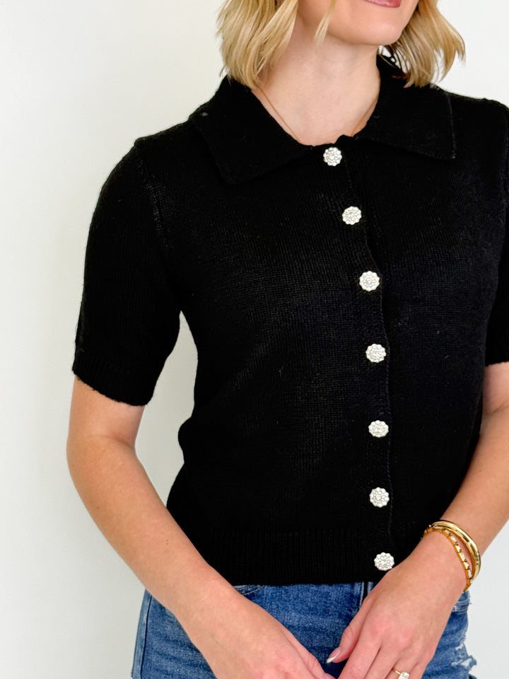 Peyton - Rhinestone Button Cardigan (Black)