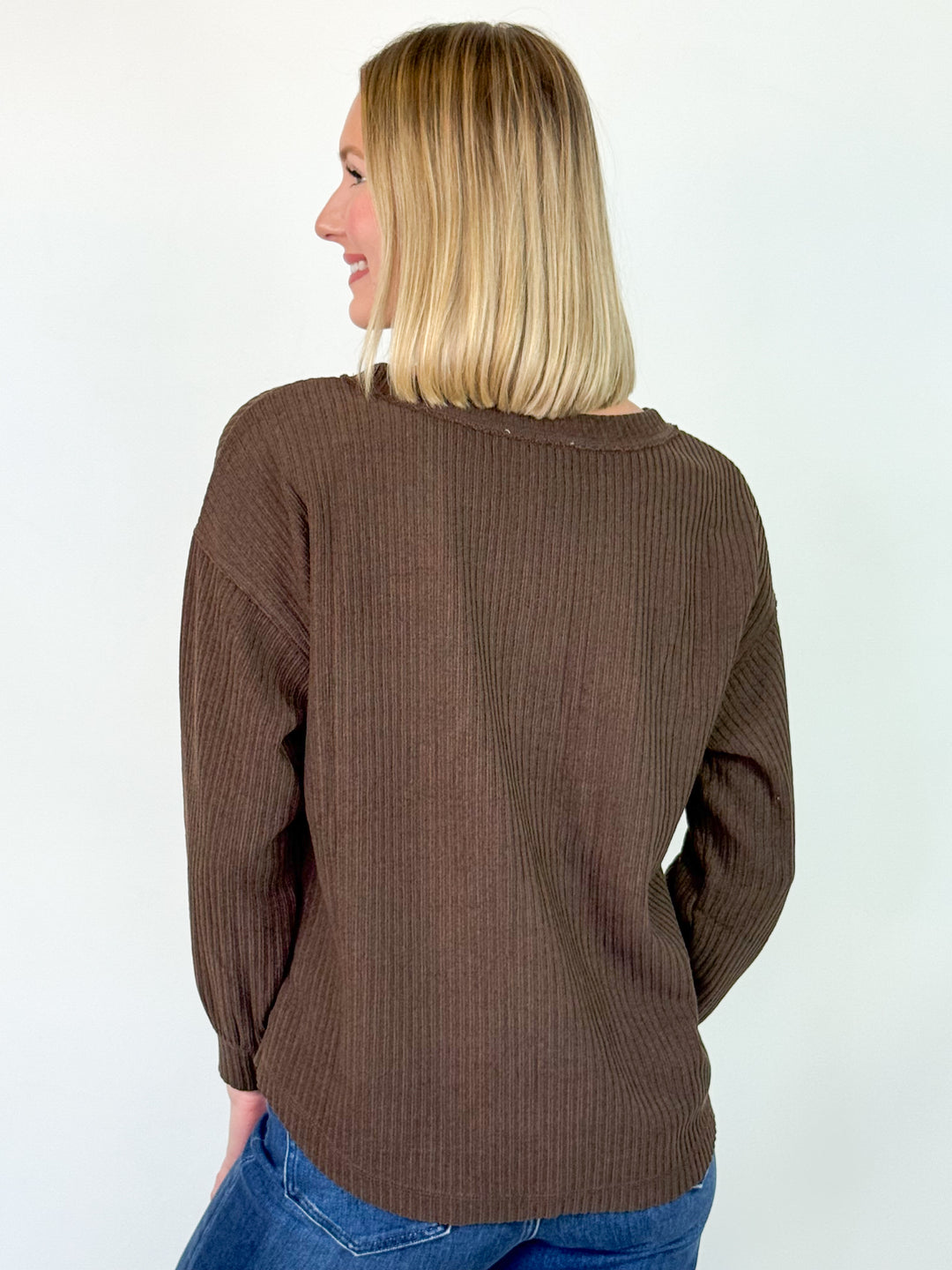 Alexis - Ribbed Henley Long Sleeve Knit Top